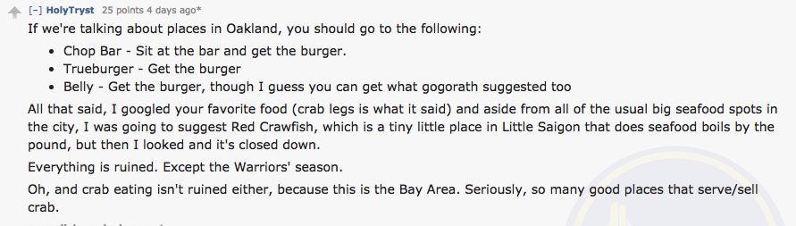 Enthusiastic Oakland resident keeps it real with some expert burger advice.